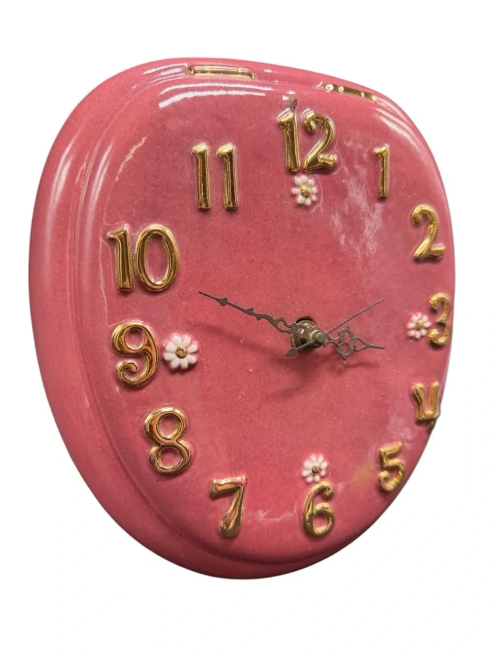 Vintage Pink Ceramic Wall Clock Gold Numbers Floral Retro Kitsch Quartz Works - Picture 3 of 9